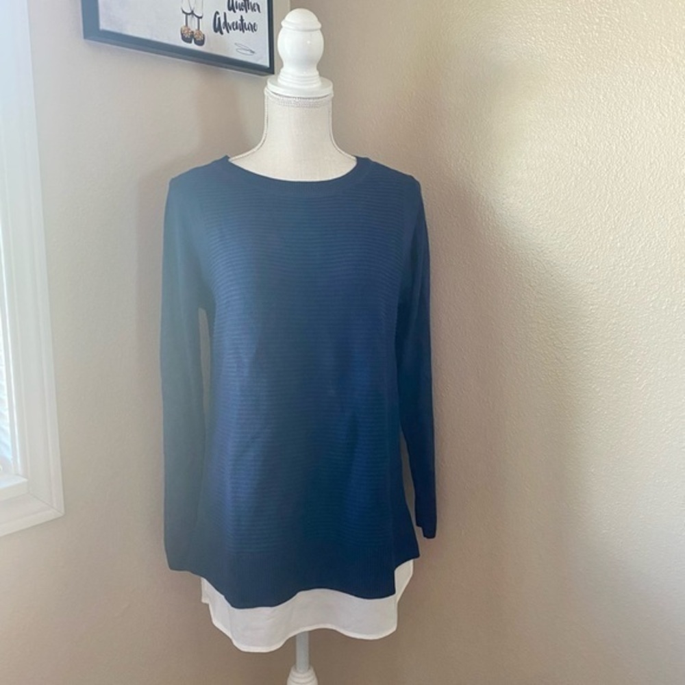 Hilary Radley navy long sleeve sweater with chiffon hem, Sz. M